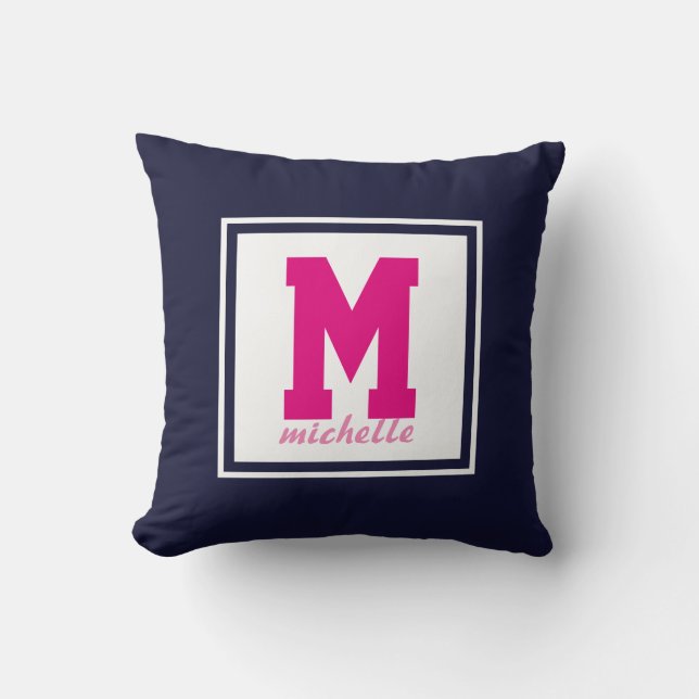 Marine-Blau ROSA weiße adrette Monogramm NAME Kissen (Vorderseite)
