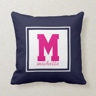 Marine-Blau ROSA weiße adrette Monogramm NAME Kissen