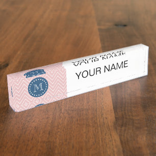 Marine-Blau, rosa Zickzack Muster   Ihr Monogramm Namensplakette