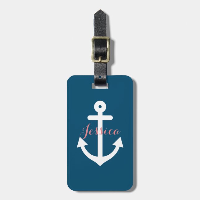 Marine-Blau-Seeanker-Monogramm Gepäckanhänger (Vorderseite vertikal)