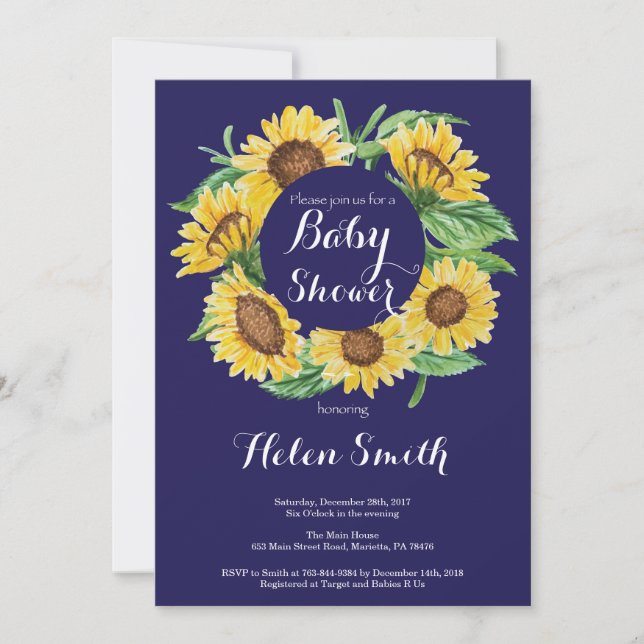 Marine-Blau-Sonnenblume-Babyparty-Einladung Einladung (Vorderseite)