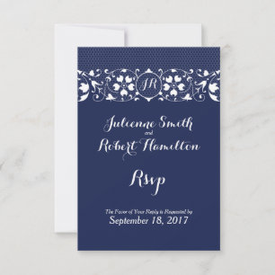 Marine-Blau-Spitze-Monogramm-Hochzeit UAWG RSVP Karte