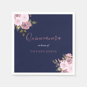 Marine-Blau-u. Rosen-GoldblumenQuinceanera Party Serviette