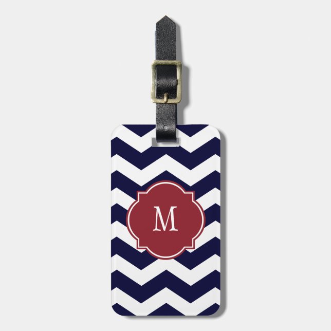Marine-Blau-u. weißerZickzack Monogramm Lugguage Gepäckanhänger (Vorderseite vertikal)