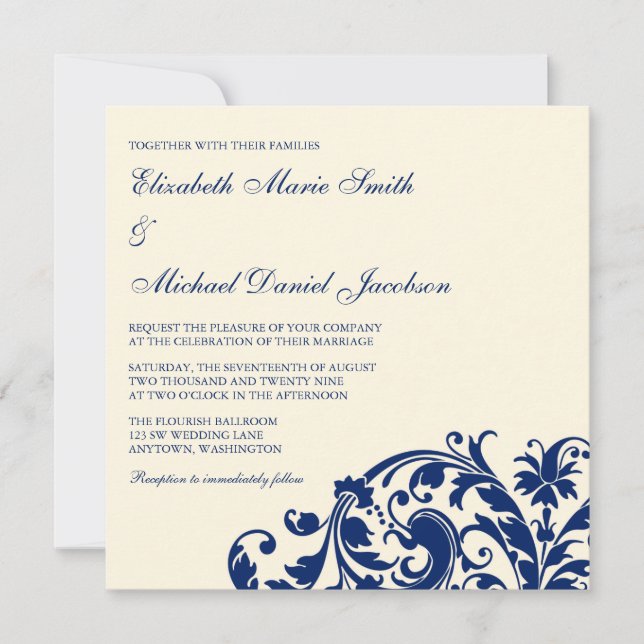 Marine-Blau und Elfenbein blühen Strudel-Hochzeit Einladung (Vorderseite)