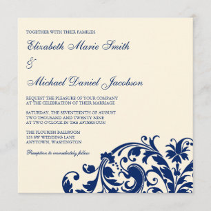 Marine-Blau und Elfenbein blühen Strudel-Hochzeit Einladung