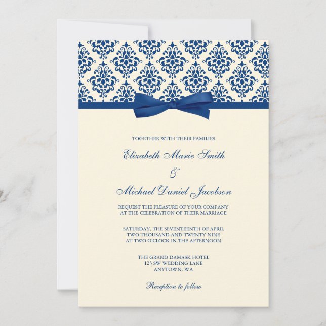 Marine-Blau-und Elfenbein-Damast-Bogen-Hochzeit Einladung (Vorderseite)