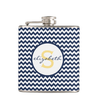 Marine-Blau und gelbes Zickzack Monogramm Flachmann