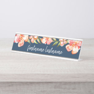 Marine-Blau und gemalter Blumenkalligraphiename Schreibtischnamensplakette