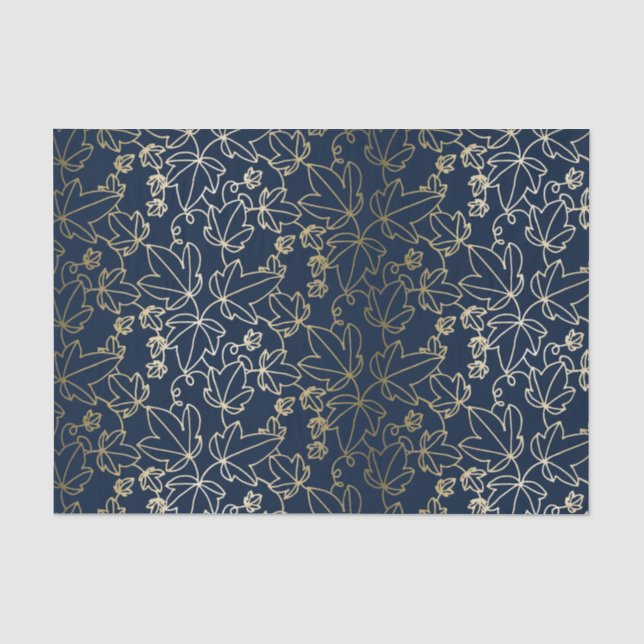 Marine-Blau und Goldefeu-Blatt-Blumenmuster Seidenpapier (Vorderseite)