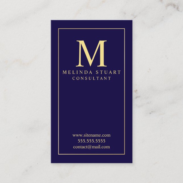 Marine-Blau und Goldelegantes Monogramm Visitenkarte (Vorderseite)