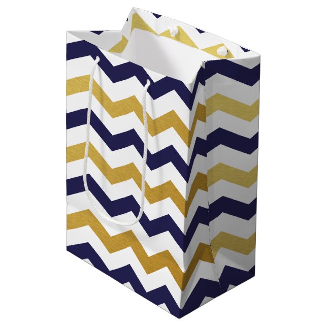Marine-Blau und GoldZickzack Mittlere Geschenktüte (Vorderseite Schrägansicht)