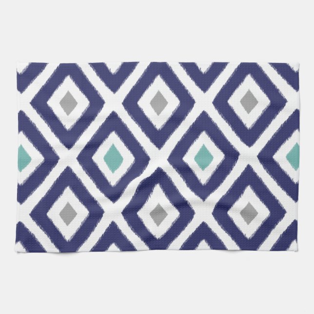 Marine-Blau und Grau Ikat Diamant-Muster Handtuch (Horizontal)