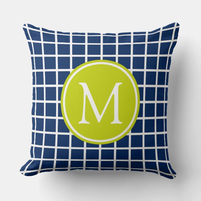 Marine-Blau und Limones grünes Gitter-Monogramm Kissen (Vorderseite)