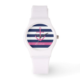 Marine-Blau und rosa Anker-Monogramm-Uhr Armbanduhr