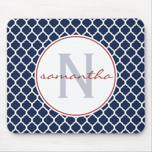 Marine-Blau und Rot Quatrefoil Monogramm Mousepad