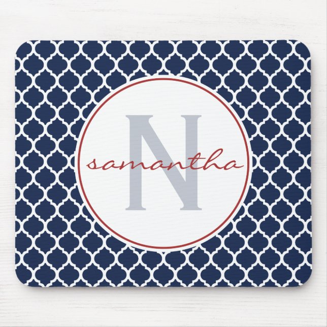 Marine-Blau und Rot Quatrefoil Monogramm Mousepad (Vorne)