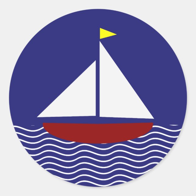 Marine-Blau-und Rot-Segelboot-Entwurf Runder Aufkleber (Vorderseite)