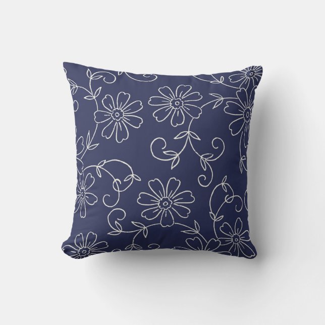 Marine-Blau und Sahnedekoratives mit Blumenkissen Kissen (Vorderseite)