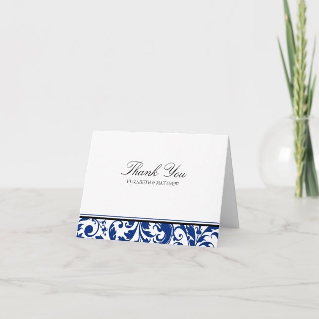 Marine-Blau-und Schwarz-Strudel-Damast-Hochzeit Dankeskarte (Vorderseite)