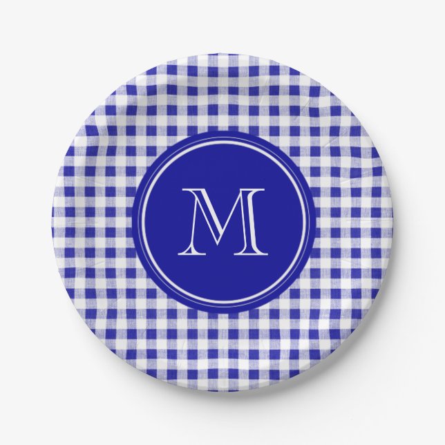 Marine-Blau-und Weiß-Gingham, Ihr Monogramm Pappteller (Vorderseite)