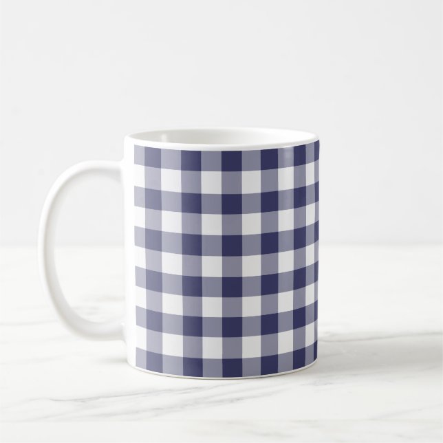 Marine-Blau-und Weiß-Gingham überprüftes Muster Kaffeetasse (Links)