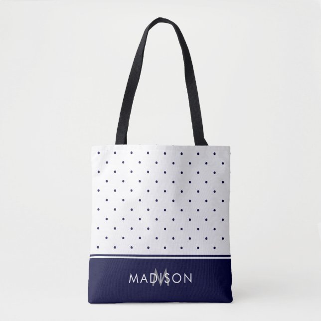 Marine-Blau-und Weiß-Tupfen mit Monogramm Tasche (Vorderseite)