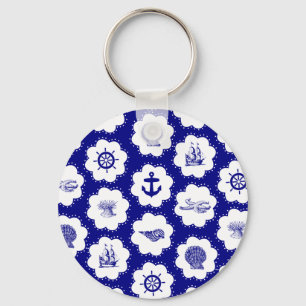 Marine-Blau-und weißesseemuster Schlüsselanhänger