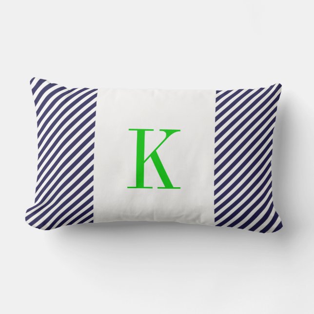 Marine-Blau-Weiß Stripes grünes Monogramm Lendenkissen (Vorderseite)