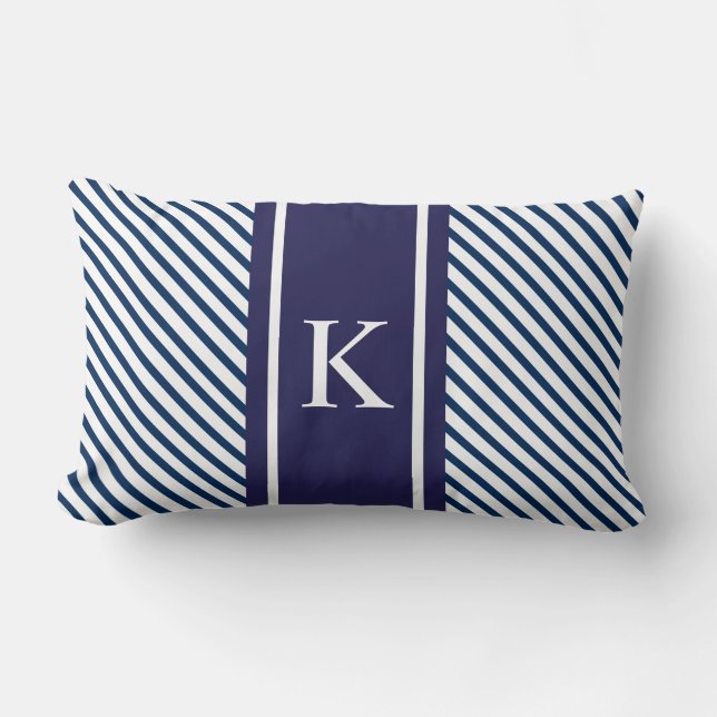 Marine-Blau-weiße Streifen u. Monogramm Lendenkissen (Vorderseite)