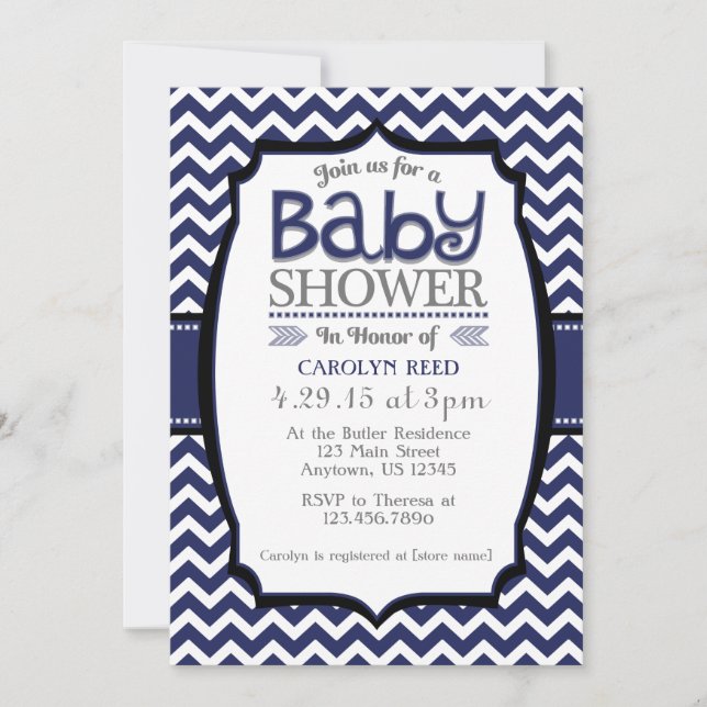 Marine-Blau-weiße Zickzack Baby-Duschen-Einladung Einladung (Vorderseite)