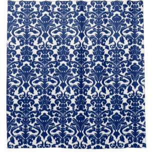 Marine-Blau-weißer Blumendamast-Duschvorhang Duschvorhang