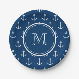 Marine-Blau-weißes Anker-Muster, Ihr Monogramm Pappteller