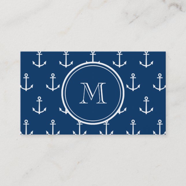 Marine-Blau-weißes Anker-Muster, Ihr Monogramm Visitenkarte (Vorderseite)