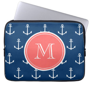 Marine-Blau-weißes Anker-Muster, korallenrotes Laptopschutzhülle