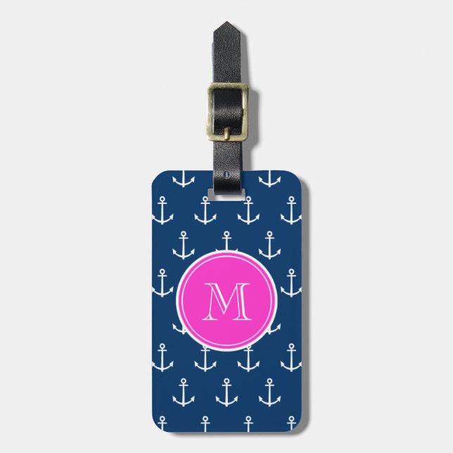 Marine-Blau-weißes Anker-Muster, Pink-Monogramm Gepäckanhänger (Vorderseite vertikal)