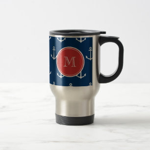Marine-Blau-weißes Anker-Muster, rotes Monogramm Reisebecher