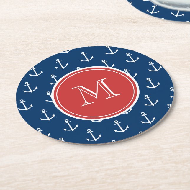 Marine-Blau-weißes Anker-Muster, rotes Monogramm Runder Pappuntersetzer (Angewinkelt)
