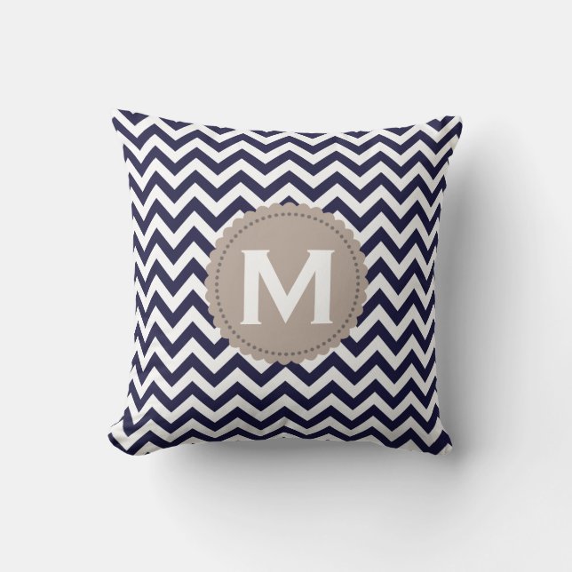 Marine-Blau-weißes Monogramm-Zickzack Muster Kissen (Vorderseite)