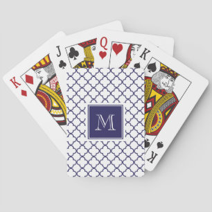 Marine-Blau, weißes Quatrefoil   Ihr Monogramm Spielkarten