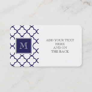 Marine-Blau, weißes Quatrefoil   Ihr Monogramm Visitenkarte