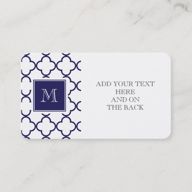 Marine-Blau, weißes Quatrefoil | Ihr Monogramm Visitenkarte (Vorderseite)