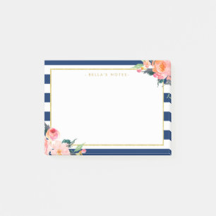 Marine-blaue Streifen-moderner Blumen-Goldrahmen Post-it Klebezettel