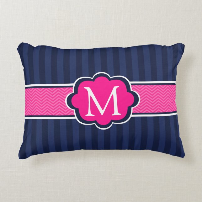 Marine-blaue Streifen-Pink-Gewohnheits-Monogramm Zierkissen (Vorderseite)