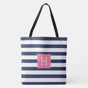 Marine-blaue Streifen und rosa Monogramm Tasche