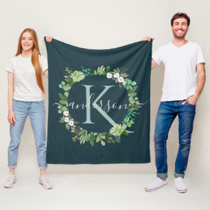 MARINE-BLAUES GRAU-KRANZ-LAUB-AQUARELL-MONOGRAMM FLEECEDECKE