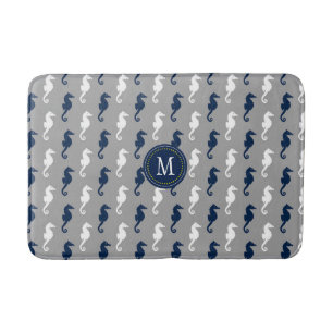 Marine-blaues Grau-Seepferd-Muster-Monogramm Badematte