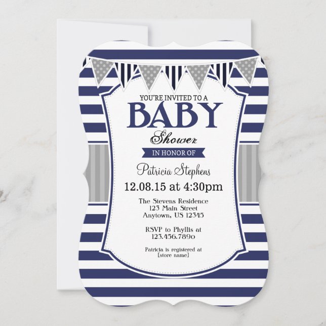 Marine-blaues Grau Stripes Babyparty-Einladung Einladung (Vorderseite)