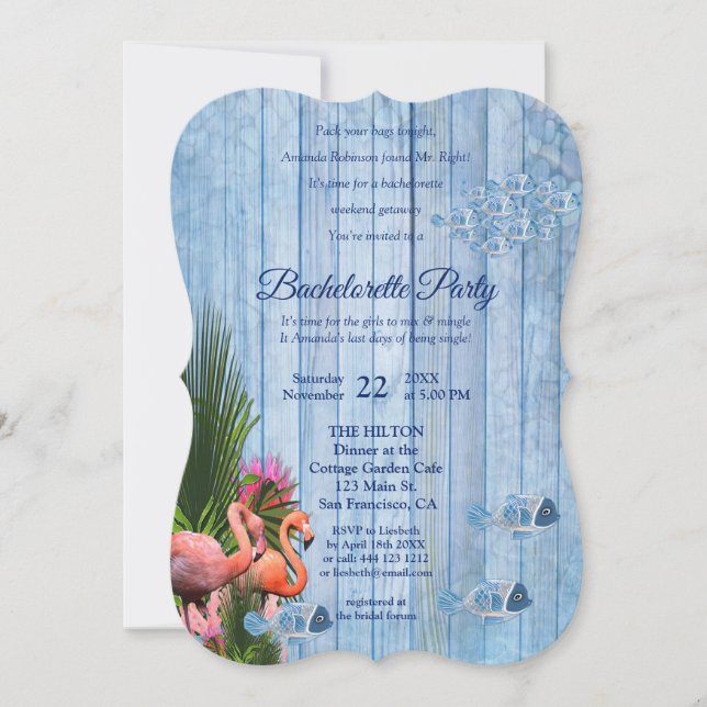 Marine - Blaues Wasser und rosa Flamingos Bachelor Einladung (Vorderseite)