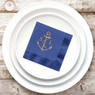 Marine Bleu Ancre nautique Mariage Monogramme Or
